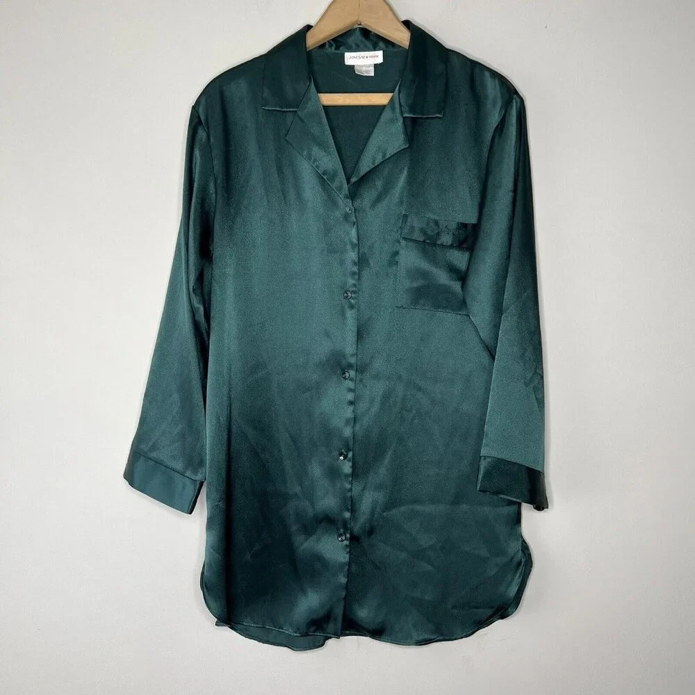 Jones New York Satin Dark Green Over side Button Down Mini Short Dress Sz XS Pjs